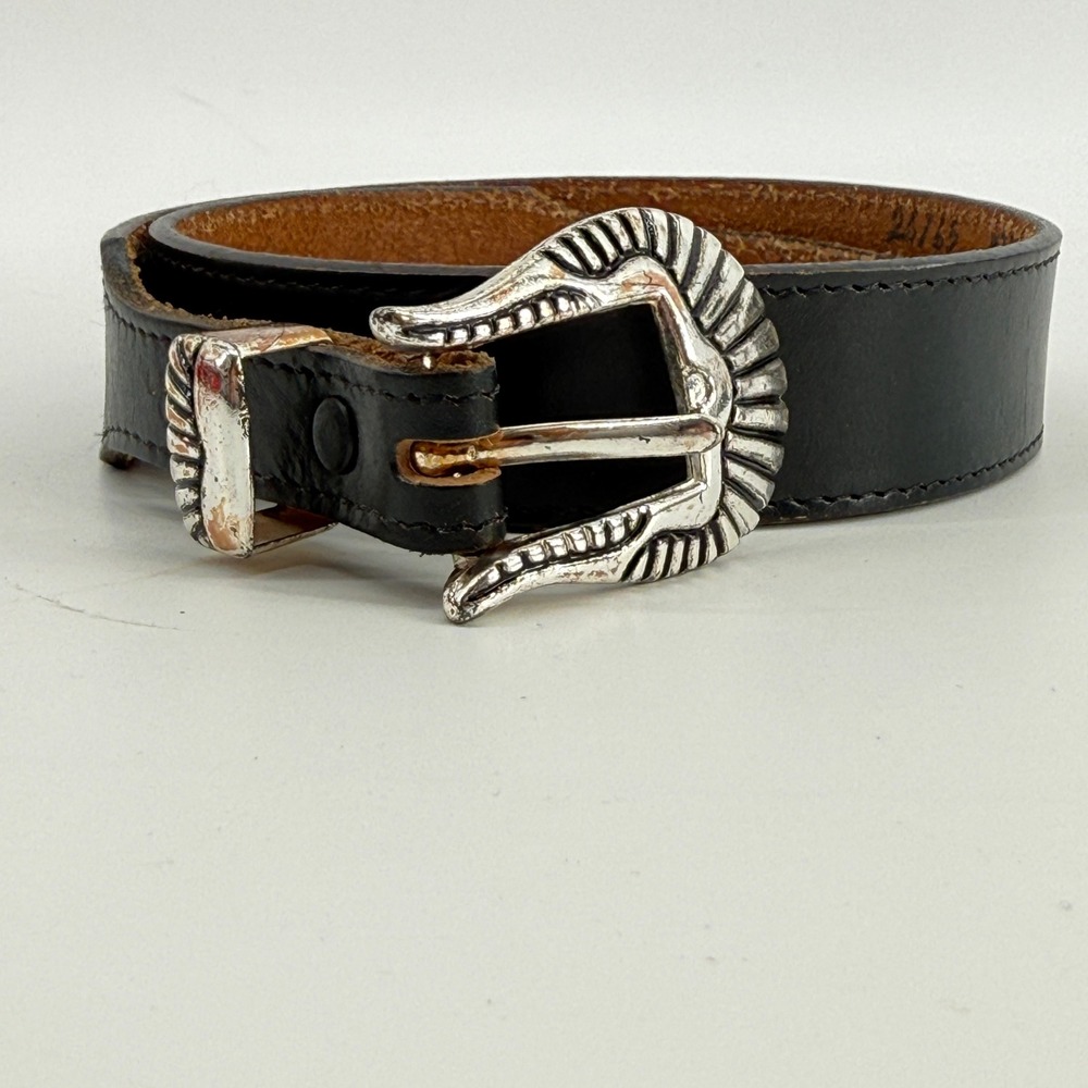 Black Leather Men's Belt with Silver Decorative Buckle